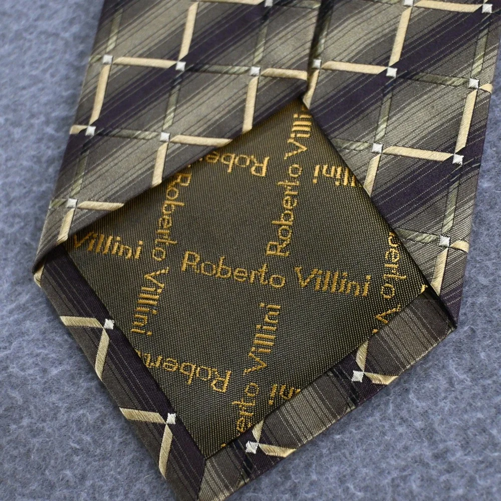Roberto Villini Mens Collezione Geometric Plaid Silk Necktie OS Brown‎ Gold